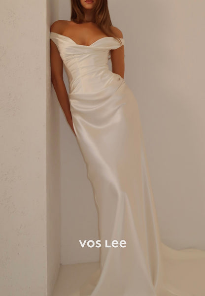 Simple Off the Shoulder White Floor Length White Party Dress with Pleat