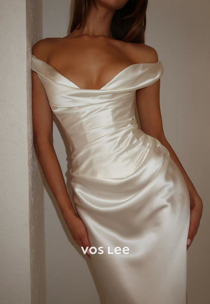 Simple Off the Shoulder White Floor Length White Party Dress with Pleat