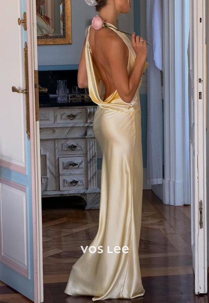 Sexy Backless Bodycon Maxi Dress Hot Pink Halter Deep V  Neck Prom Dress