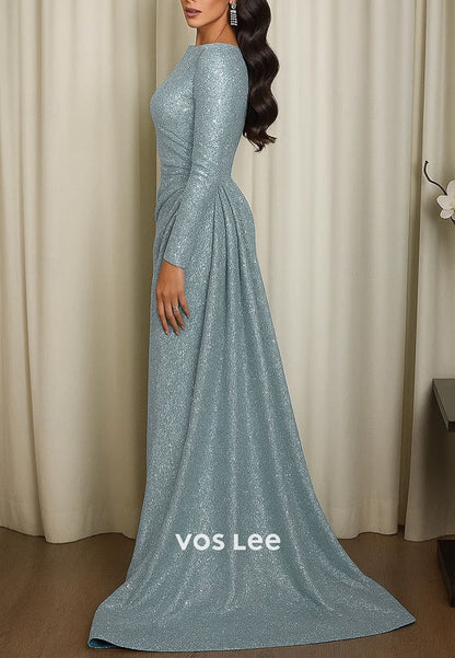 Spaekling O Neck Long Sleeve Mermaid Pleat Long Prom Gowns