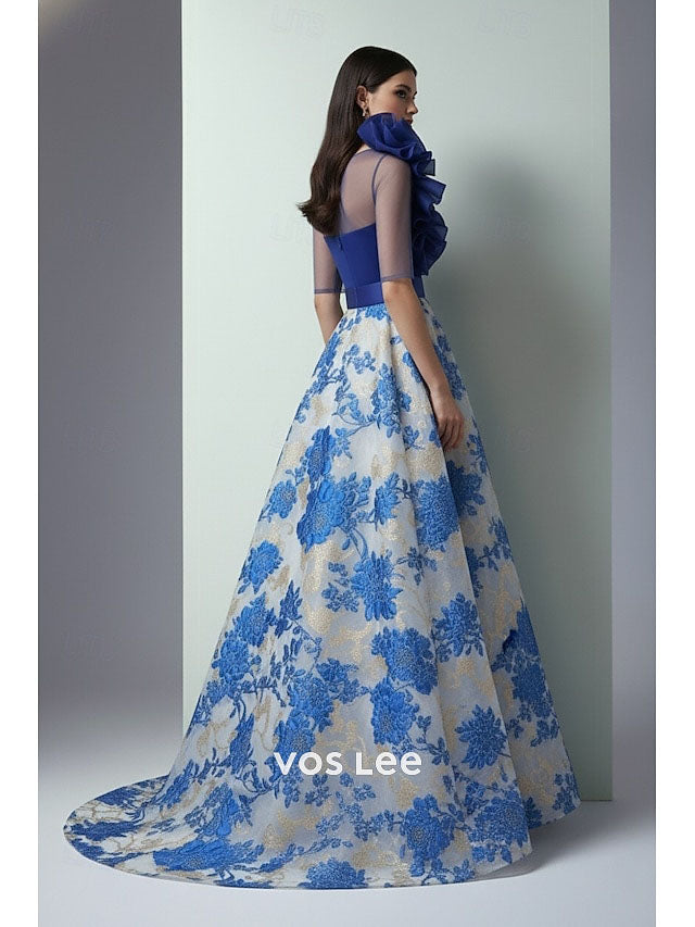Luxury Floral A-Line Prom Dress | One Shoulder Sheer Sleeve Gala Gown