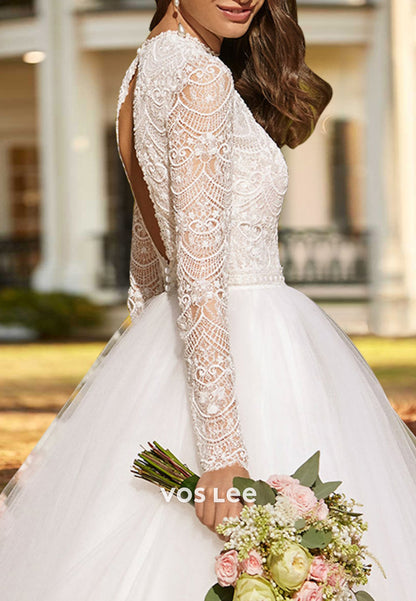 A-Line Long Sleeve Scoop Appliques Lace Ankle-Length Pleated Beach Wedding Dresses