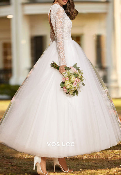 A-Line Long Sleeve Scoop Appliques Lace Ankle-Length Pleated Beach Wedding Dresses