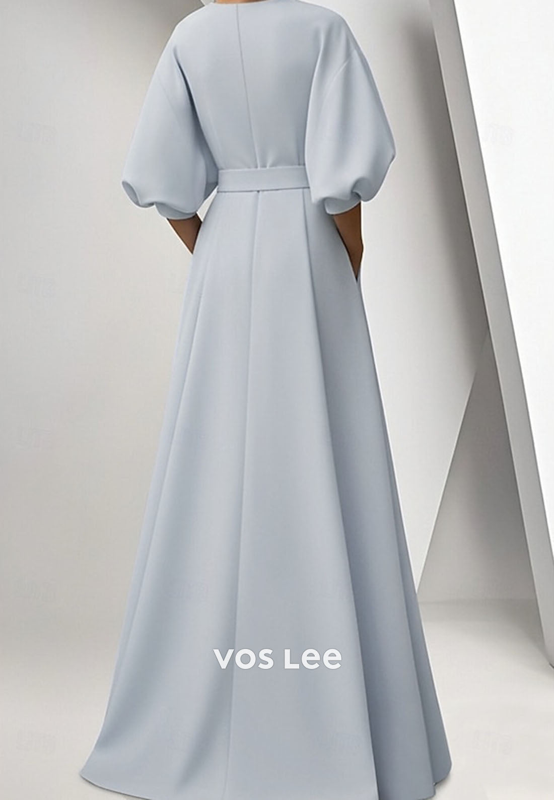 Dusty Blue A-Line Evening Gown – Floral Appliqué V-Neck Formal Dress with Belt