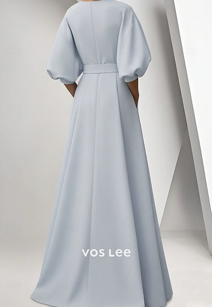 Dusty Blue A-Line Evening Gown – Floral Appliqué V-Neck Formal Dress with Belt