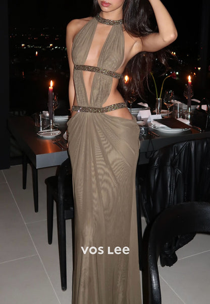 Sexy Halter Cut out Sleeveless Hot Backless Long Prom Dress Fashion Dress