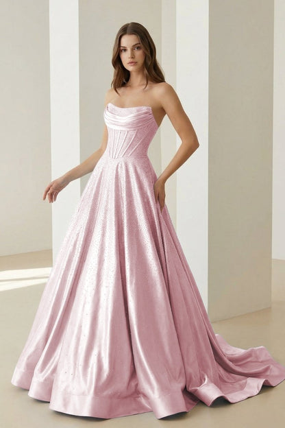 Pink Strapless A Line Satin Beaded Long Prom Dresses With Pockets