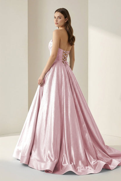 Pink Strapless A Line Satin Beaded Long Prom Dresses With Pockets