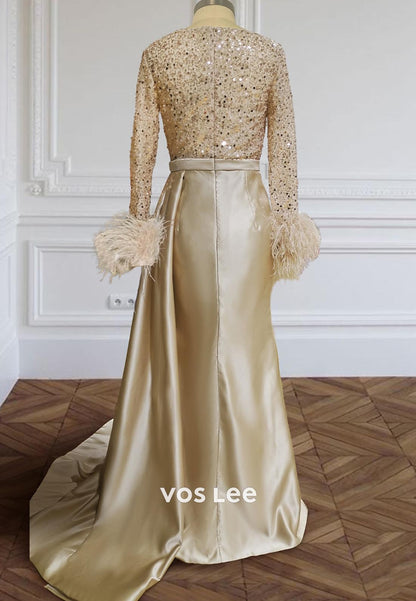Sparkling V Neck Long Sleeves feather Mermaid Evening Dress with Court Train