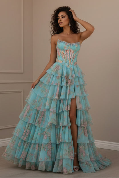 Sweetheart Neck A Line Floral Chiffon Ruffled Prom Dresses With Beading