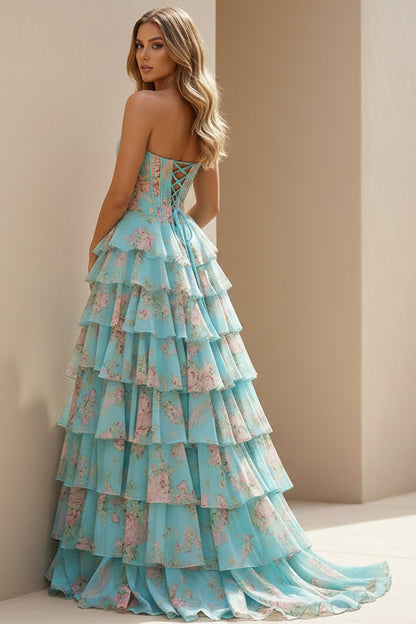 Sweetheart Neck A Line Floral Chiffon Ruffled Prom Dresses With Beading
