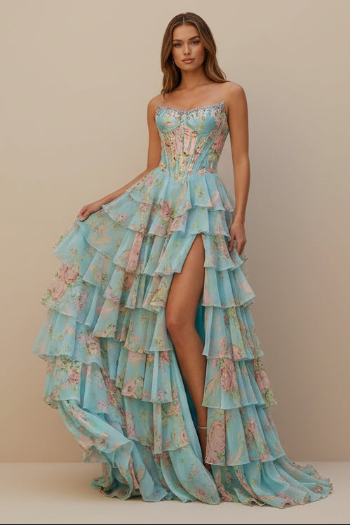 Sweetheart Neck A Line Floral Chiffon Ruffled Prom Dresses With Beading