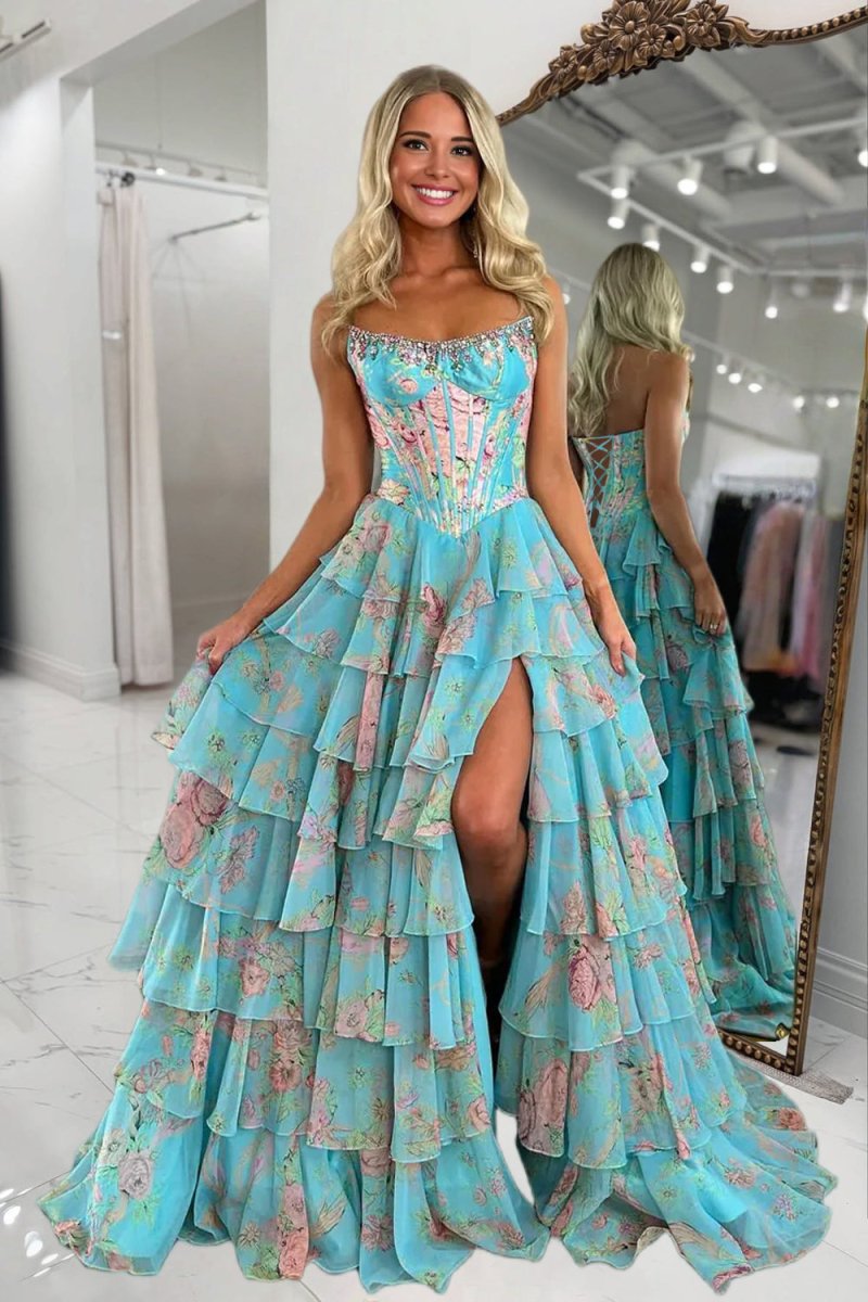 Sweetheart Neck A Line Floral Chiffon Ruffled Prom Dresses With Beading