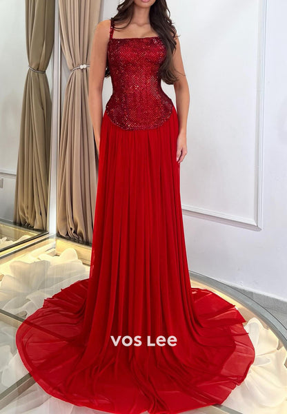Red Evening Formal Spaghetti Strap Sequin Chiffon Dress for Special Occasions