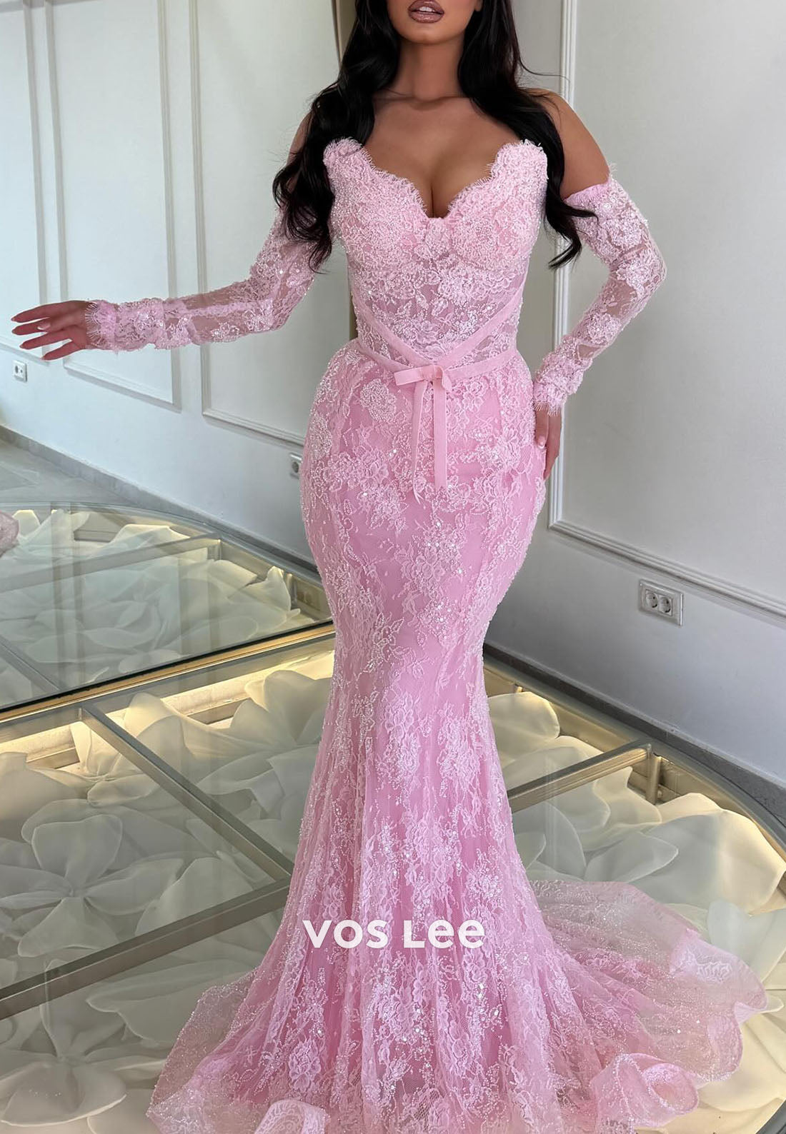 Pink Lace Off The Shoulder Long Sleeve Mermaid Prom Dress, Formal Evening Gown