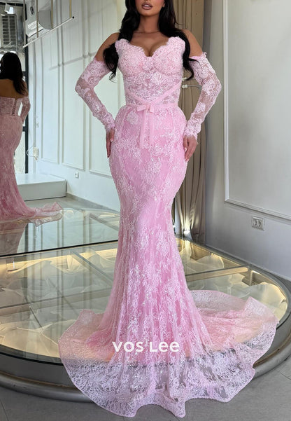 Pink Lace Off The Shoulder Long Sleeve Mermaid Prom Dress, Formal Evening Gown