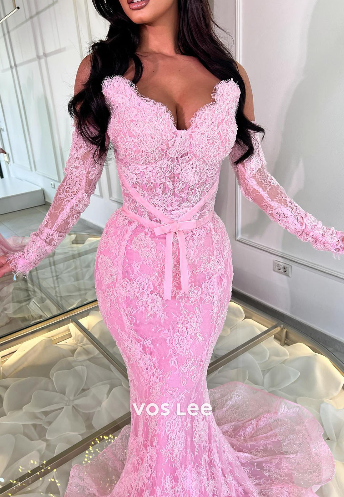 Pink Lace Off The Shoulder Long Sleeve Mermaid Prom Dress, Formal Evening Gown