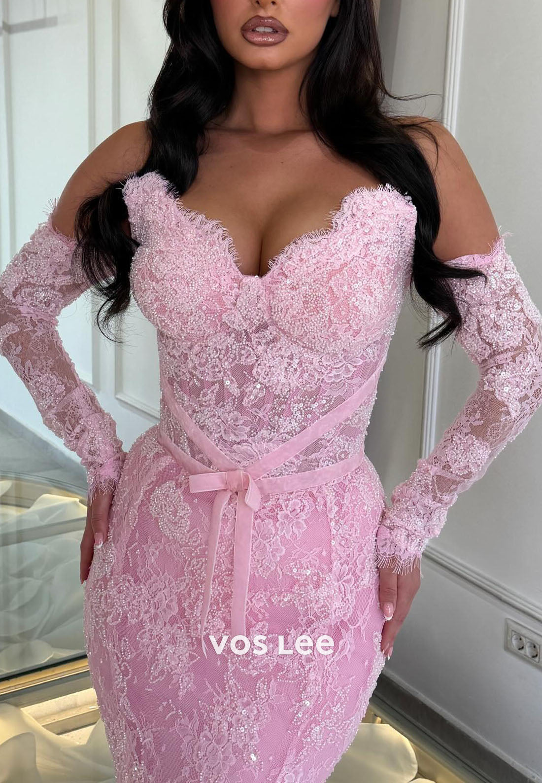 Pink Lace Off The Shoulder Long Sleeve Mermaid Prom Dress, Formal Evening Gown