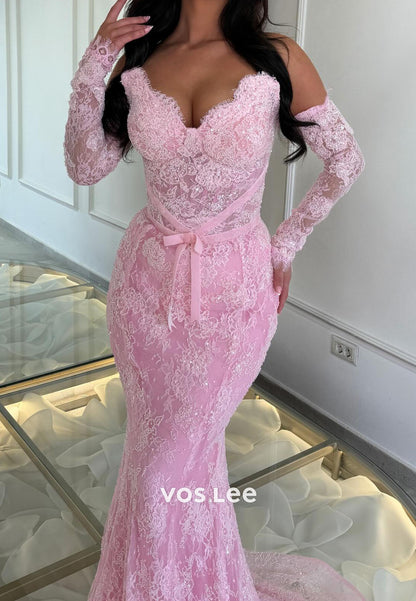 Pink Lace Off The Shoulder Long Sleeve Mermaid Prom Dress, Formal Evening Gown