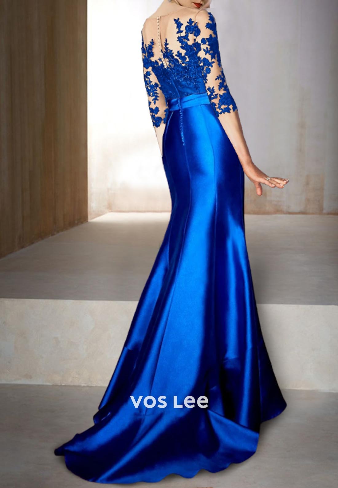 Long Sleeves Lace Appliques Tiered Mermaid Evening Dress with Sweep Train