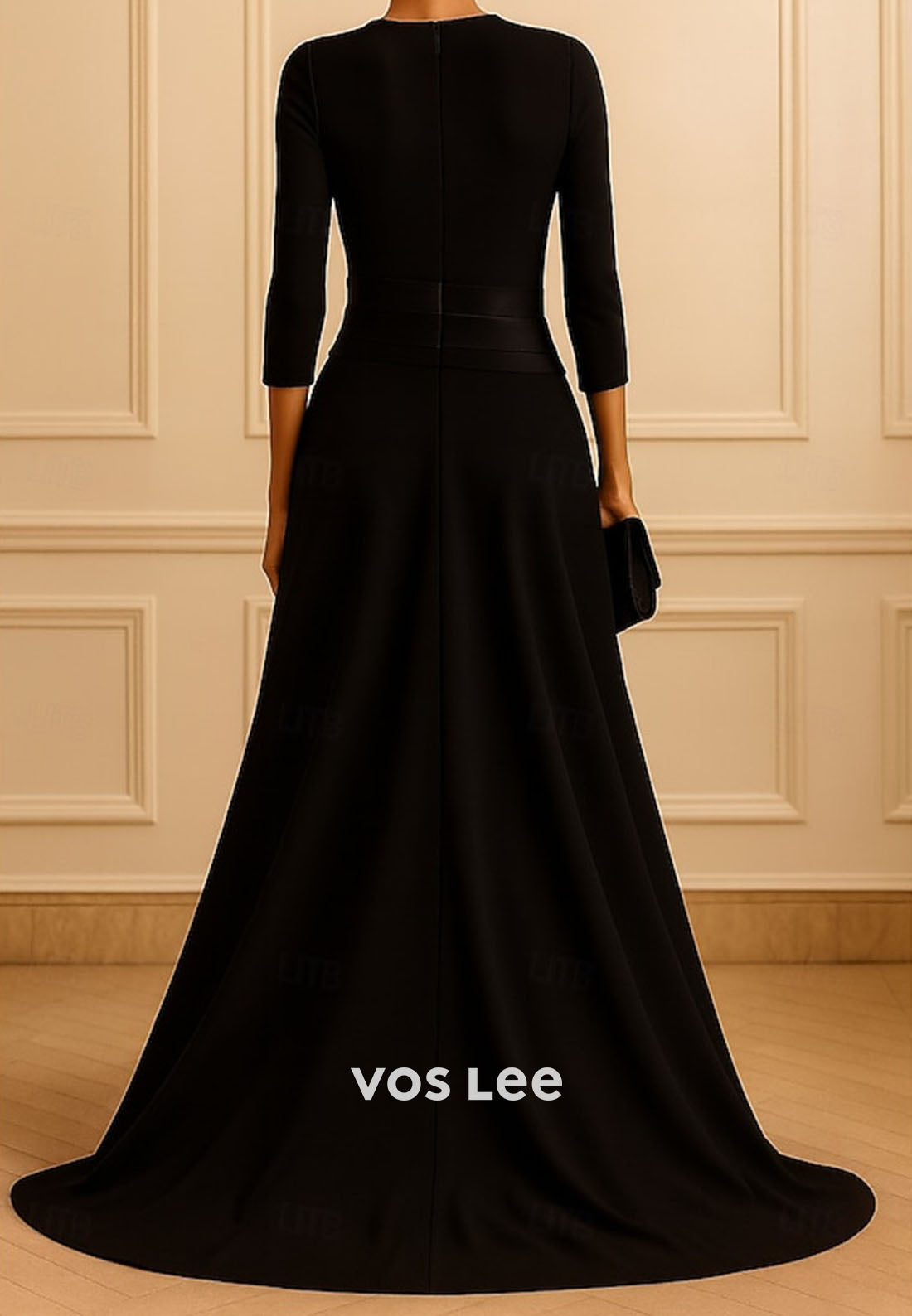 Scoop-Neck 3/4-Sleeves Pleated Satin Mermaid Evening Dress