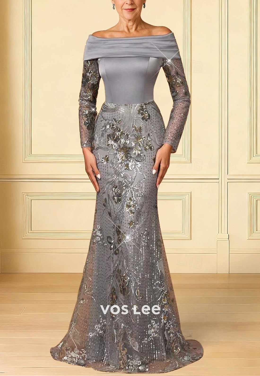 Sparkle Long Sleeve Off Shoulder Wedding Formal Satin with Glitter