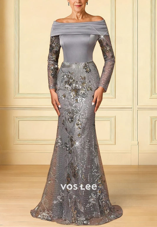 Sparkle Long Sleeve Off Shoulder Wedding Formal Satin with Glitter