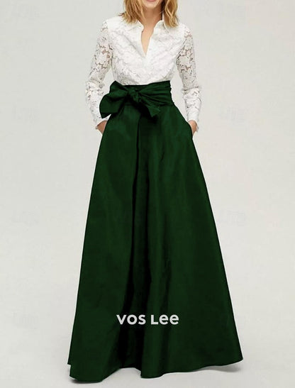 White Lace Blouse & Navy Maxi Skirt Set | High Waist Bow Detail Formal Skirt with Pockets