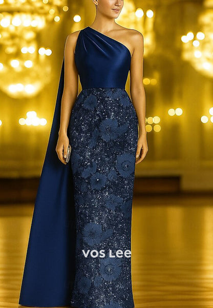 Glitter Embroidery Column One Shoulder Evening Gowns with Stole