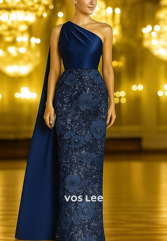 Glitter Embroidery Column One Shoulder Evening Gowns with Stole