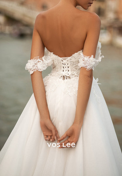 A-Line Off the Shoulder Sweetheart Split Appliques Lace Wedding Dresses with Court Train