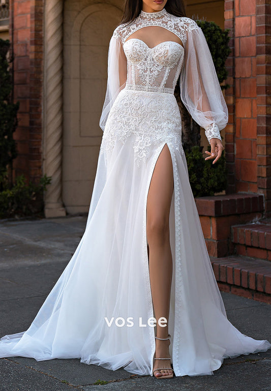 Long Sleeve Sweetheart Appliques Lace Split Sheath Wedding Dresses with Sweep Train