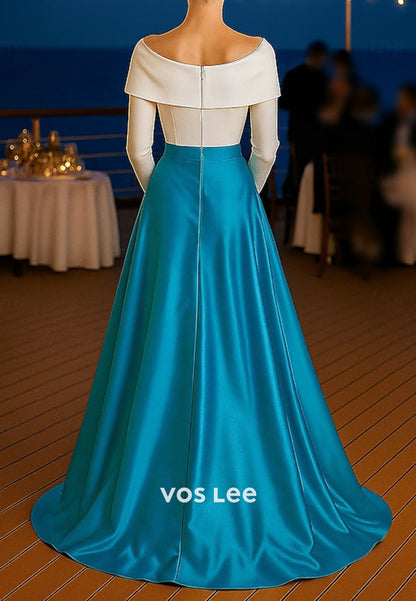 Elegant Long Sleeves A Line Satin Evening Dress WIth 3D Flower