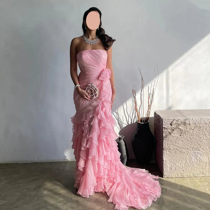 Blush Pink Ruffles Strapless Mermaid Evening Dress