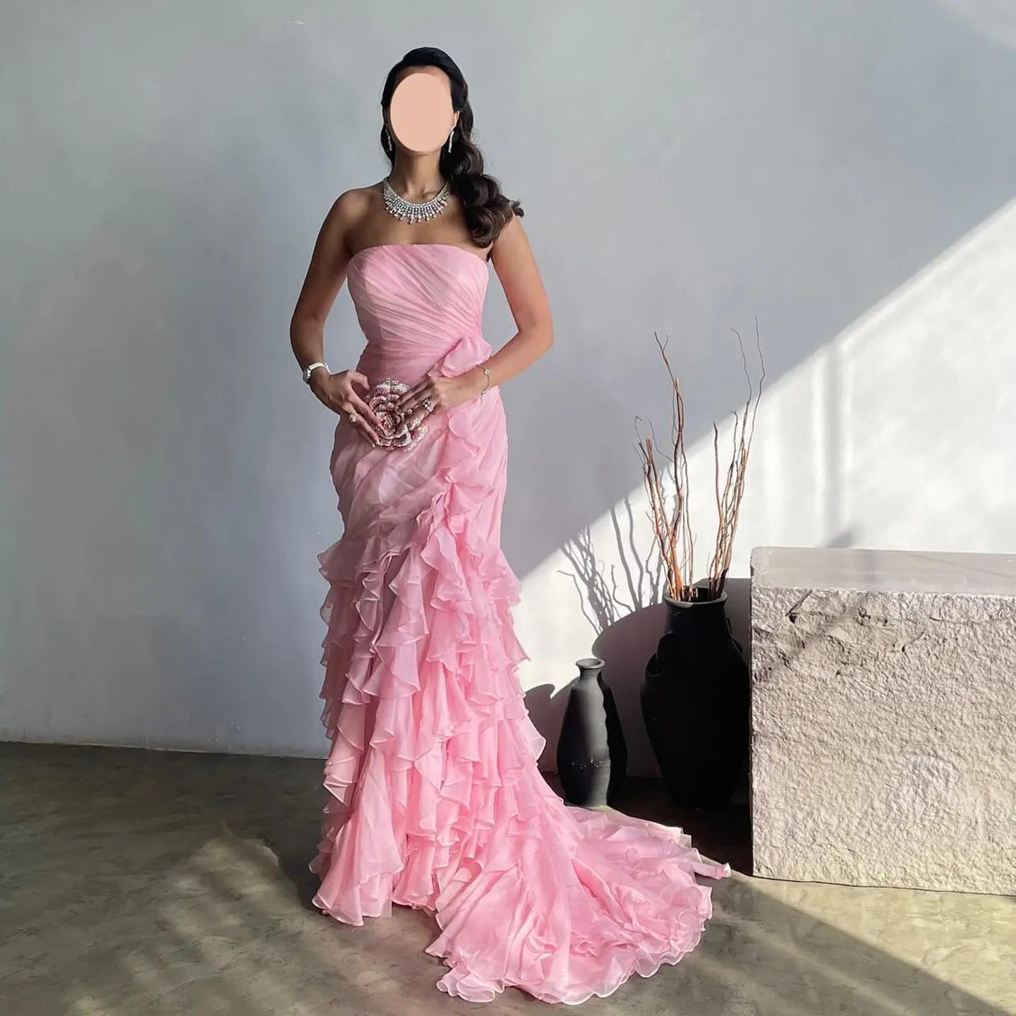 Blush Pink Ruffles Strapless Mermaid Evening Dress