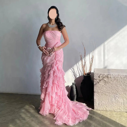 Blush Pink Ruffles Strapless Mermaid Evening Dress