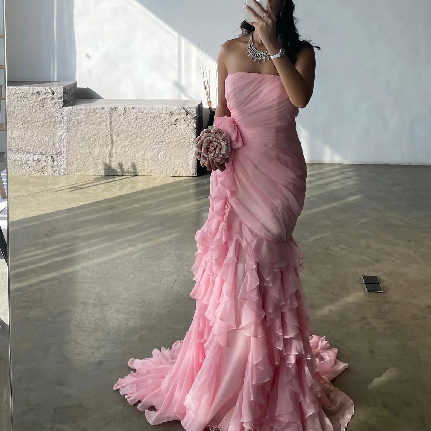 Blush Pink Ruffles Strapless Mermaid Evening Dress