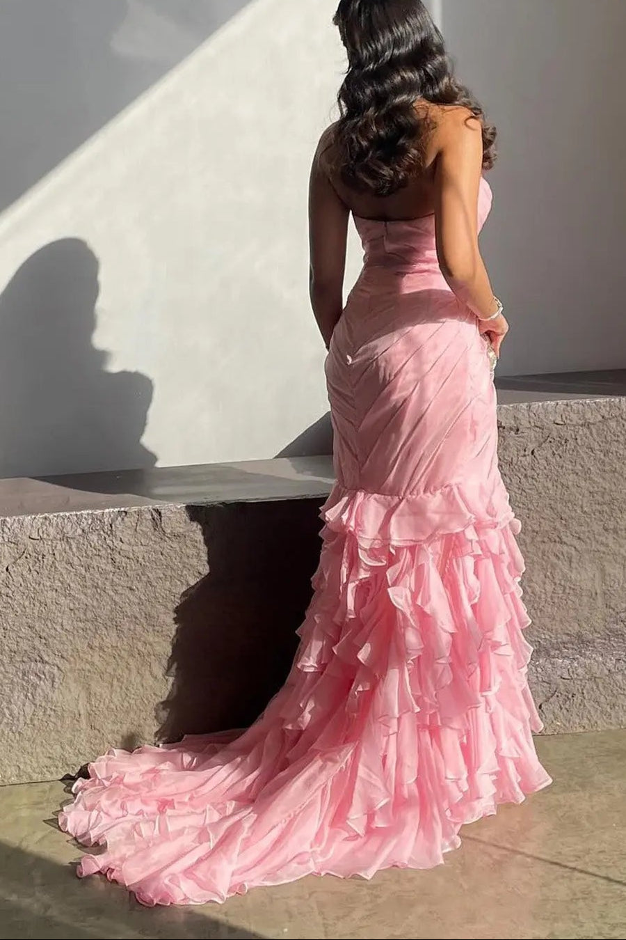 Blush Pink Ruffles Strapless Mermaid Evening Dress