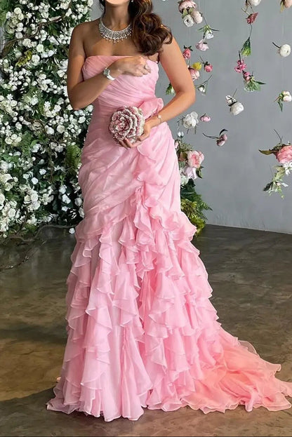 Blush Pink Ruffles Strapless Mermaid Evening Dress