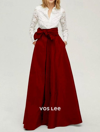 White Lace Blouse & Navy Maxi Skirt Set | High Waist Bow Detail Formal Skirt with Pockets