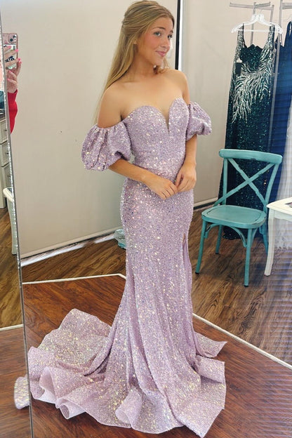 Lavender Sequin Mermaid Long Prom Dress with Short Puff Sleeves