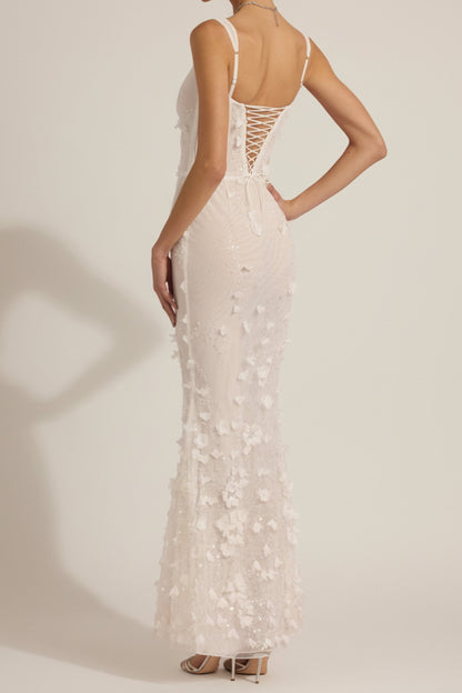 Embellished Appliqué Soft-Scoop Corset Prom Gown in White