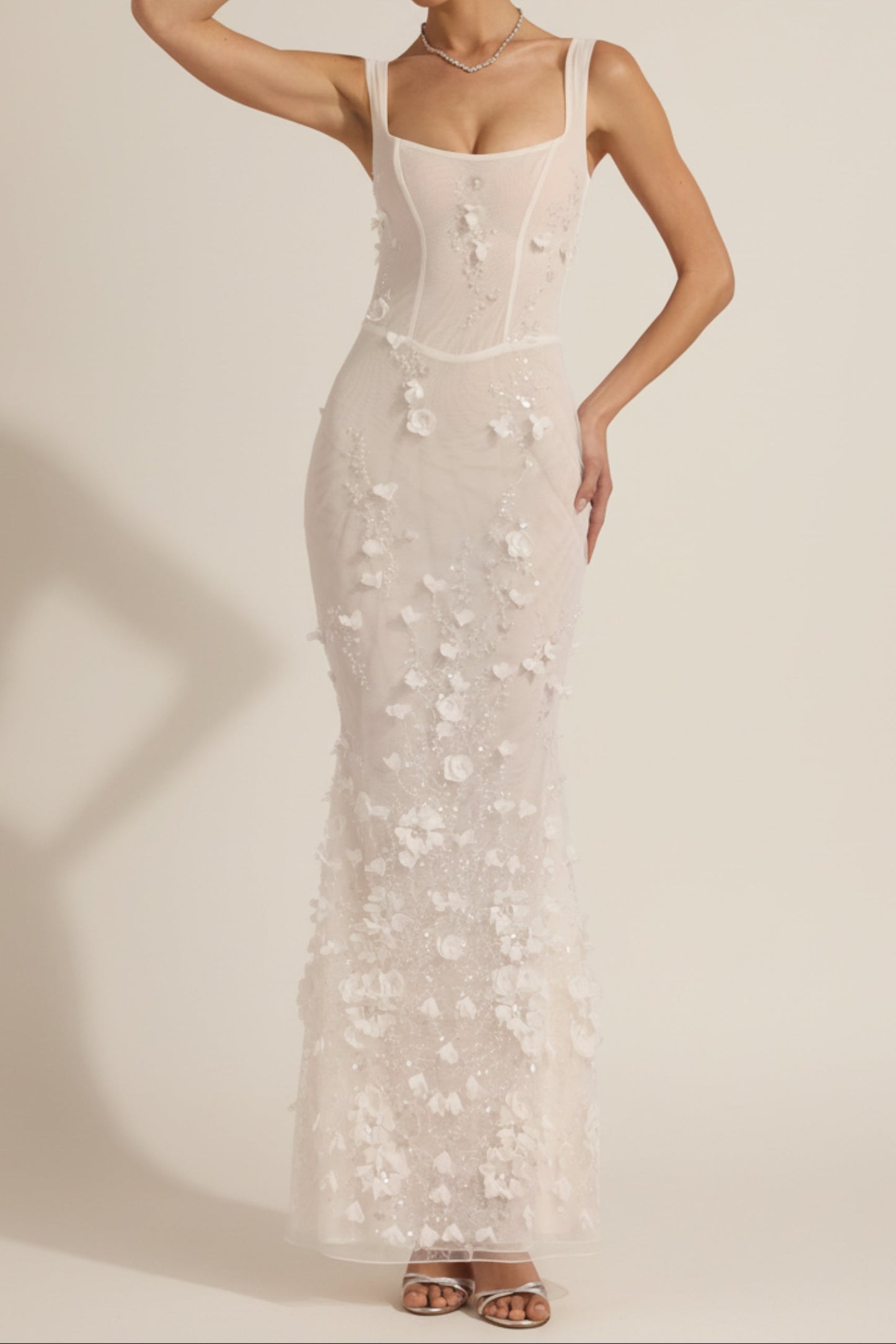 Embellished Appliqué Soft-Scoop Corset Prom Gown in White