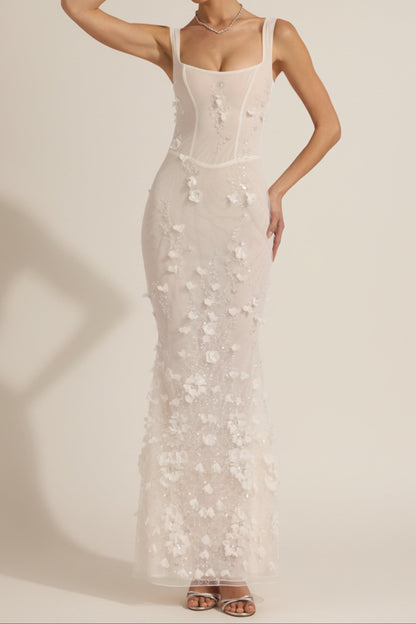 Embellished Appliqué Soft-Scoop Corset Prom Gown in White