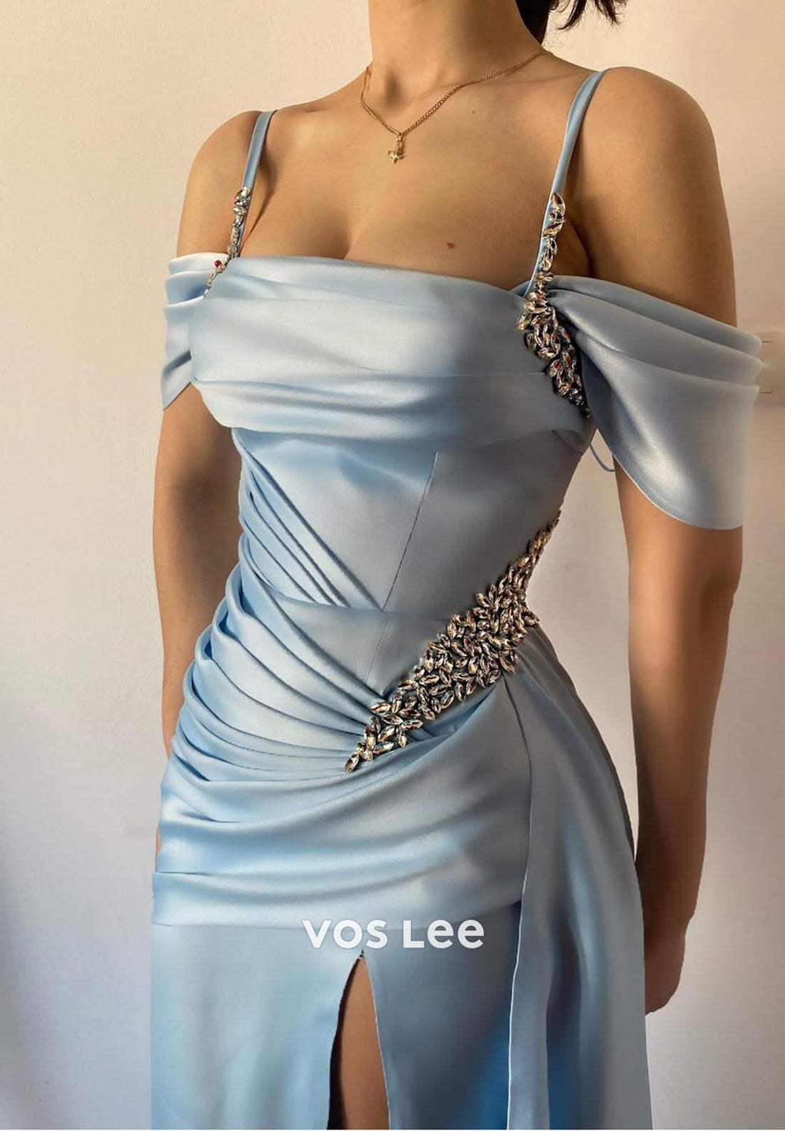Charming Blue Pleat Prom Dress Crystals Long Dresses Party Gown