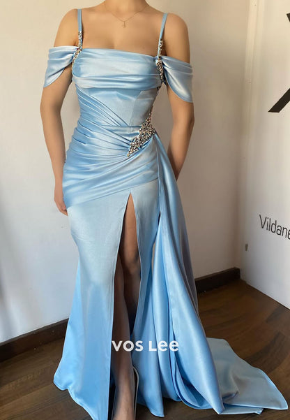 Charming Blue Pleat Prom Dress Crystals Long Dresses Party Gown