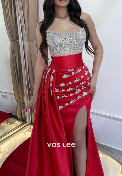 Sparkling Strapless Rhinestone Mermaid Evening Dresses with Detachable Sweep Train