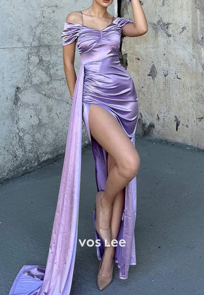 Spaghetti Straps Off the Shoulder Pleated Mermaid Evening Dresses with Sweep Train