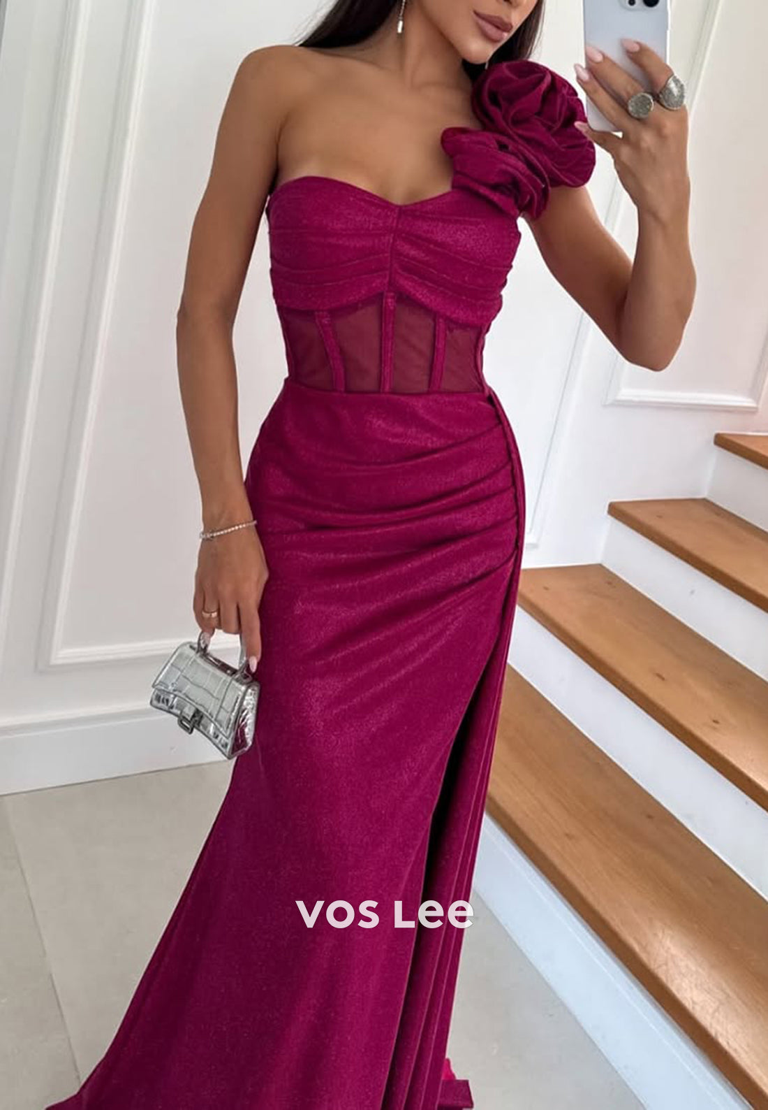 One Shoulder Flowers Embellished Floor-Length Mermaid Evening Dresses with High Split