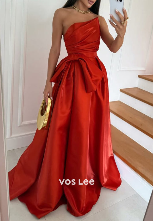 A-Line Strapless Bowknot Pleated Evening Dresses Prom Dresses with Court Train